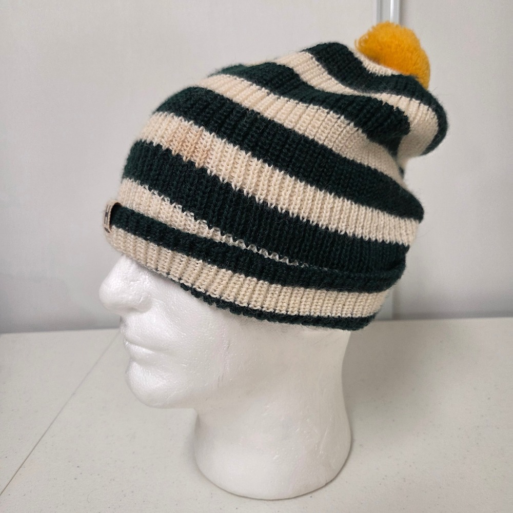 HEIMAT 100% Virgin Wool Striped Beanie Hat Pom Pom Green White Made in Germany